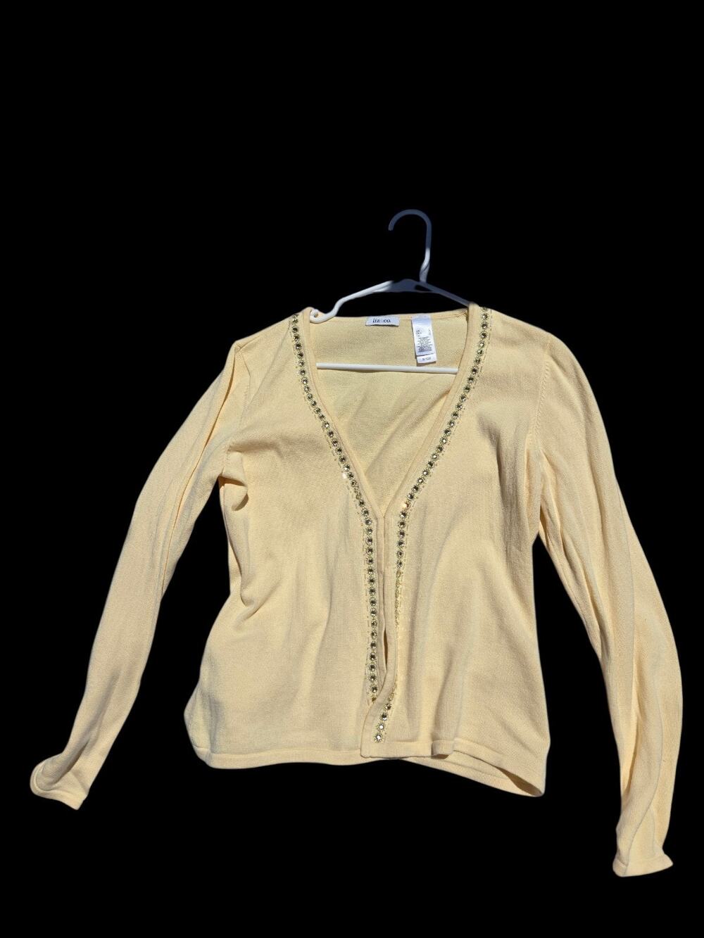 Liz & Co. US Womens Size L Butter Yellow Long Sleeve Cardigan with Jewels Beads